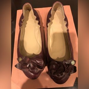 Tory Burch Leather Burgundy/ Maroon Flower Flats